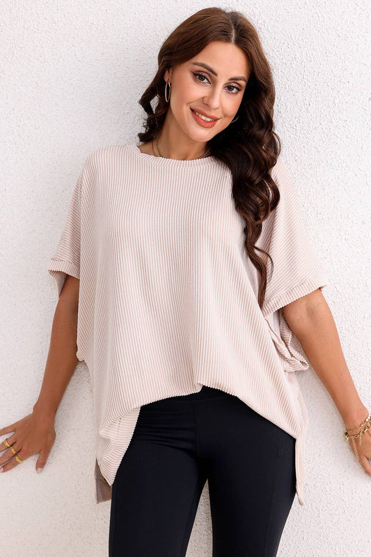 Ribbed Knit Batwing Sleeve Tunic Oversized T Shirt