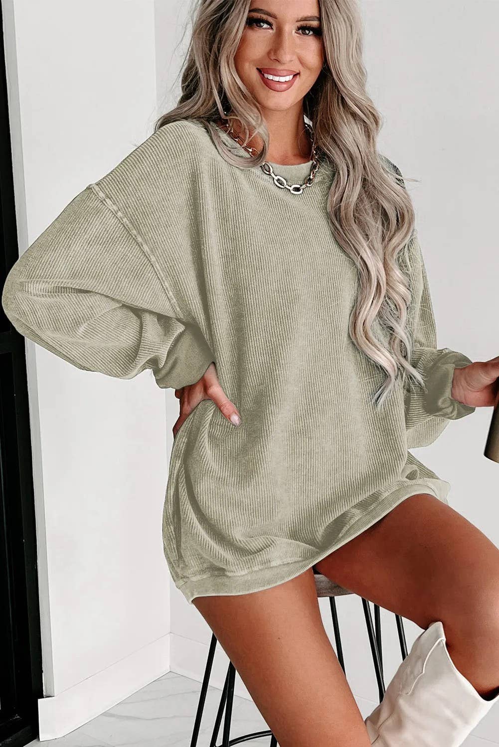 Pink Ribbed Knit Round Neck Pullover Sweatshirt-Long Sleeve