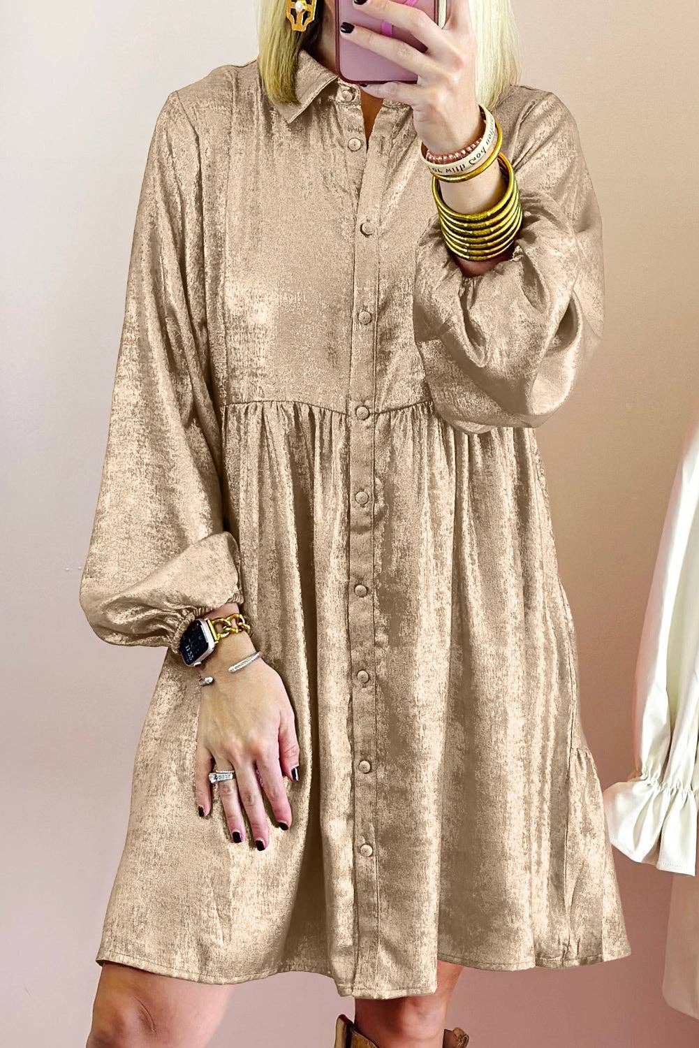 Metallic Puff Sleeve Mini Shirt Dress