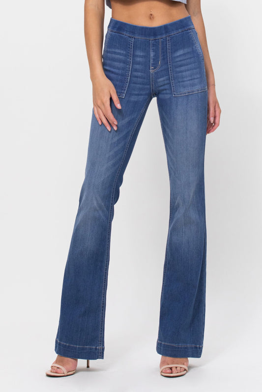 Mid Rise Medium Wash Flare Jeggings