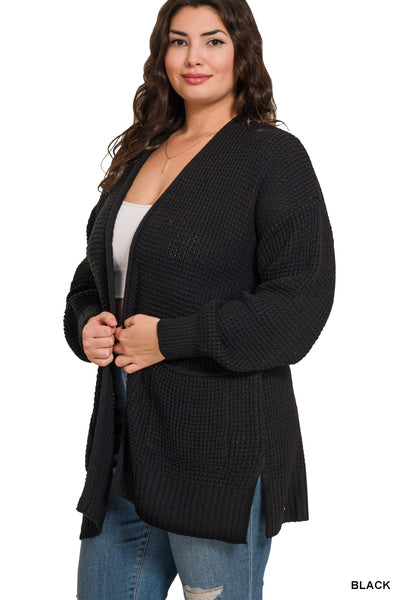 PLUS LOW GAUGE WAFFLE OPEN CARDIGAN SWEATER