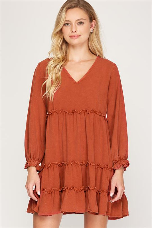 LONG SLEEVE WASHED WOVEN TIERED DRESS She+Sky