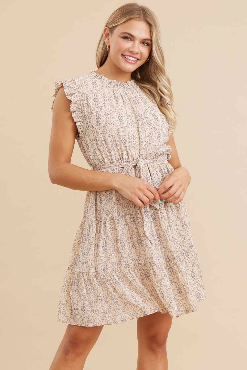 Print Dress with Frilled neck