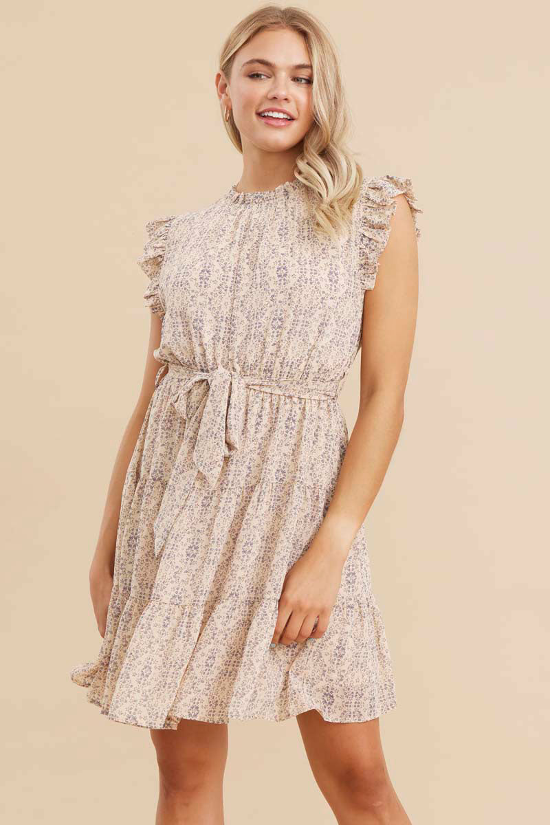 Print Dress with Frilled neck