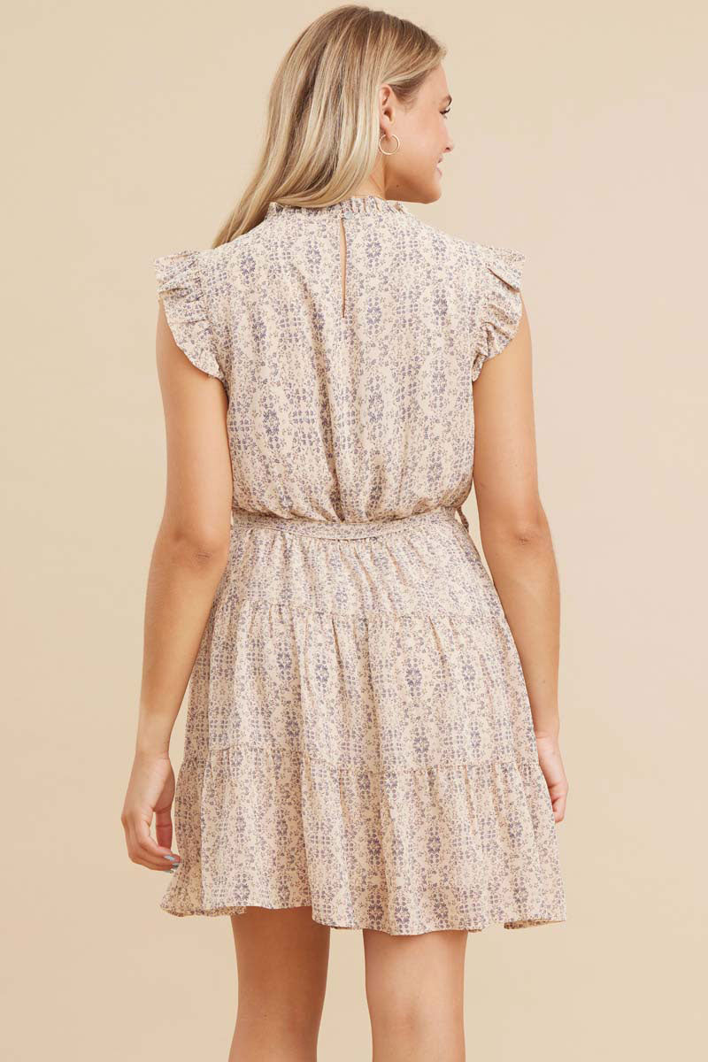 Print Dress with Frilled neck