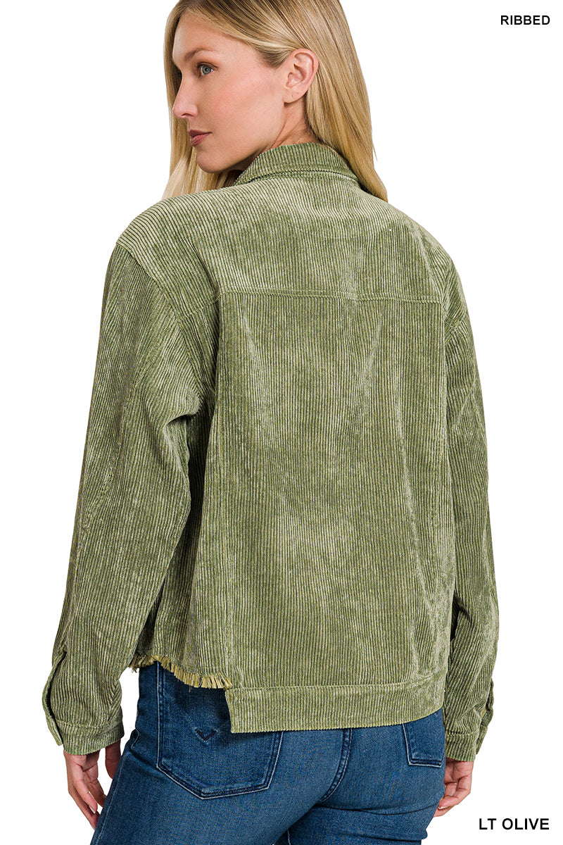 ZENANA DISTRESSED CORDUROY FRAYED HEM CROPPED JACKET