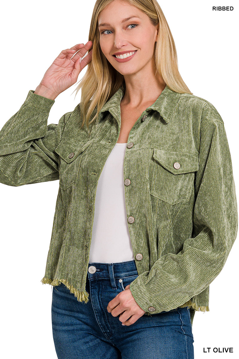 ZENANA DISTRESSED CORDUROY FRAYED HEM CROPPED JACKET