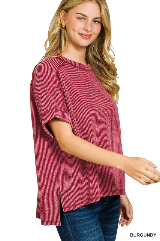 Raised rib cuff sleeve raw edge top