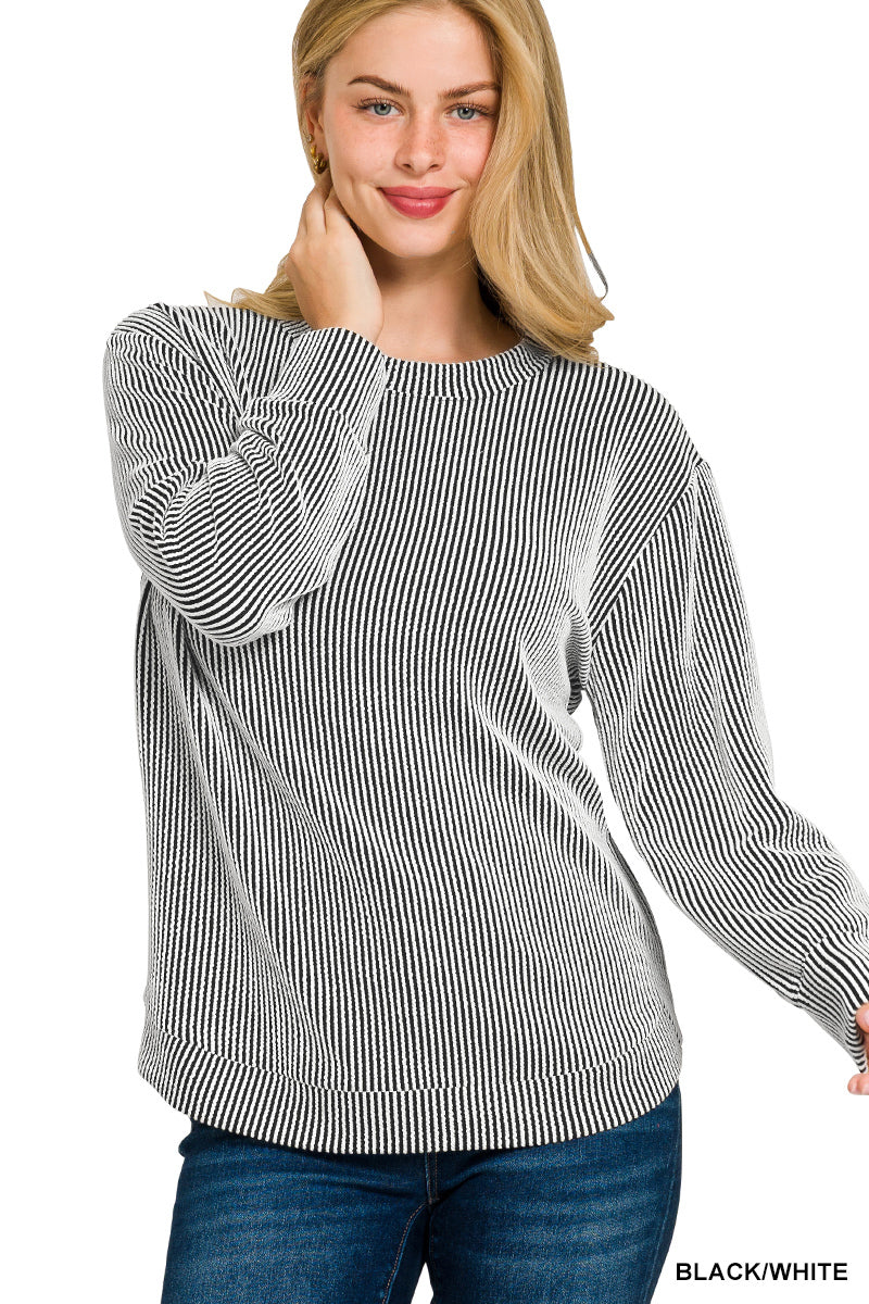 Raised rib round neck long sleeve top