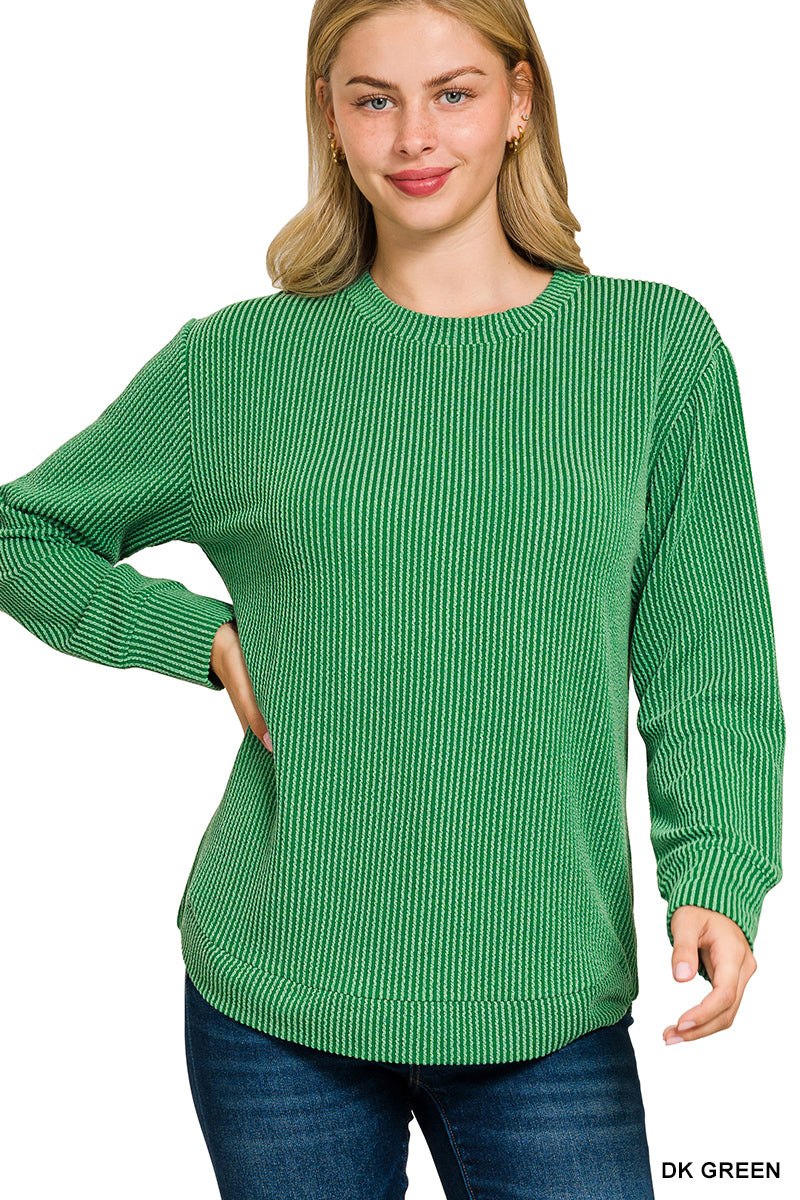 Raised rib round neck long sleeve top