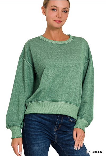 ZENANA WASHED FRENCH TERRY BOAT NECK PULLOVER SWEATSHIRT