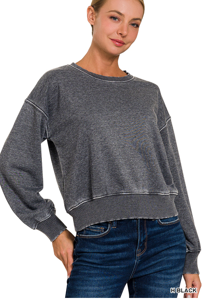 ZENANA WASHED FRENCH TERRY BOAT NECK PULLOVER SWEATSHIRT