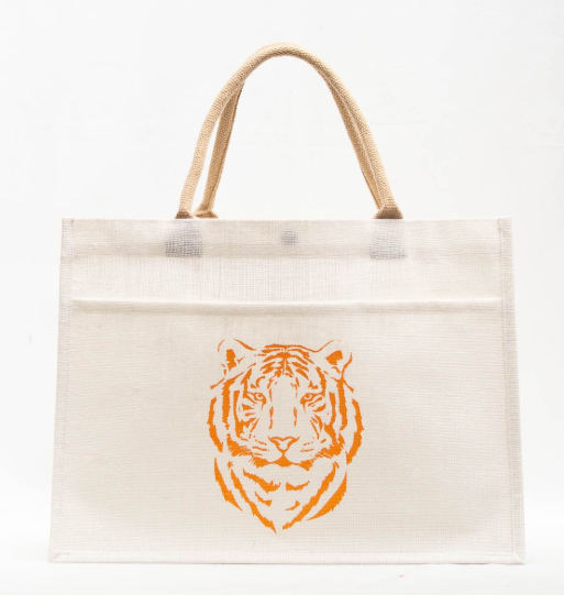 Orange Easy Tiger Jute Pocket Tote