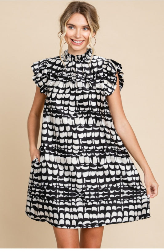 Black/white print dress with frull neck