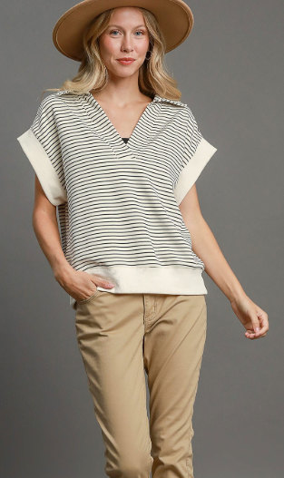 Striped Luxeknit Polo Sweatshirt - Short Sleeve