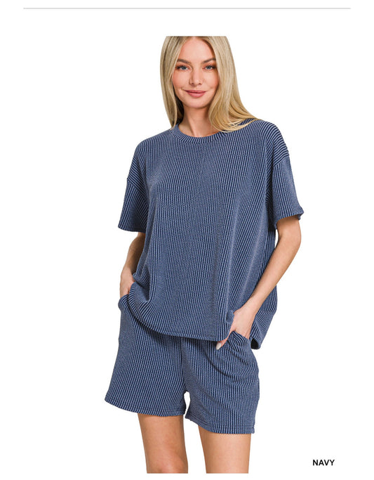 Corded rib short sleeve tee & short pants set