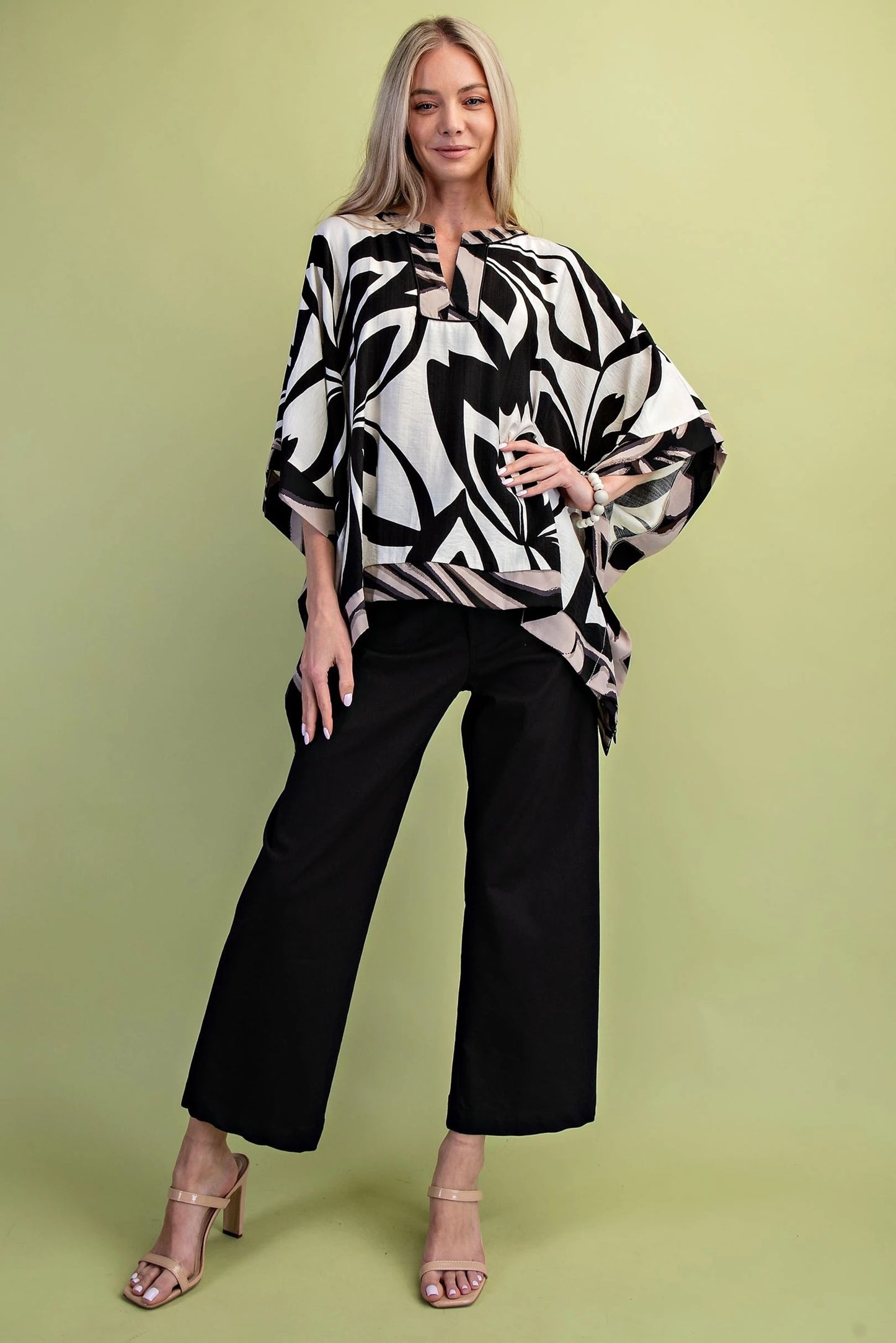 Leaf Print Draped Dolman Sleeved Top