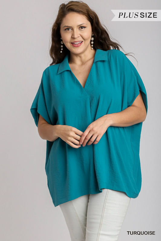 Turquoise Umgee Collared Boxy Cut Top with Front Center Pleat