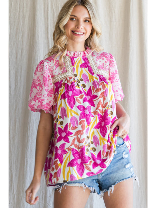 Floral print top with a frill mock neckline