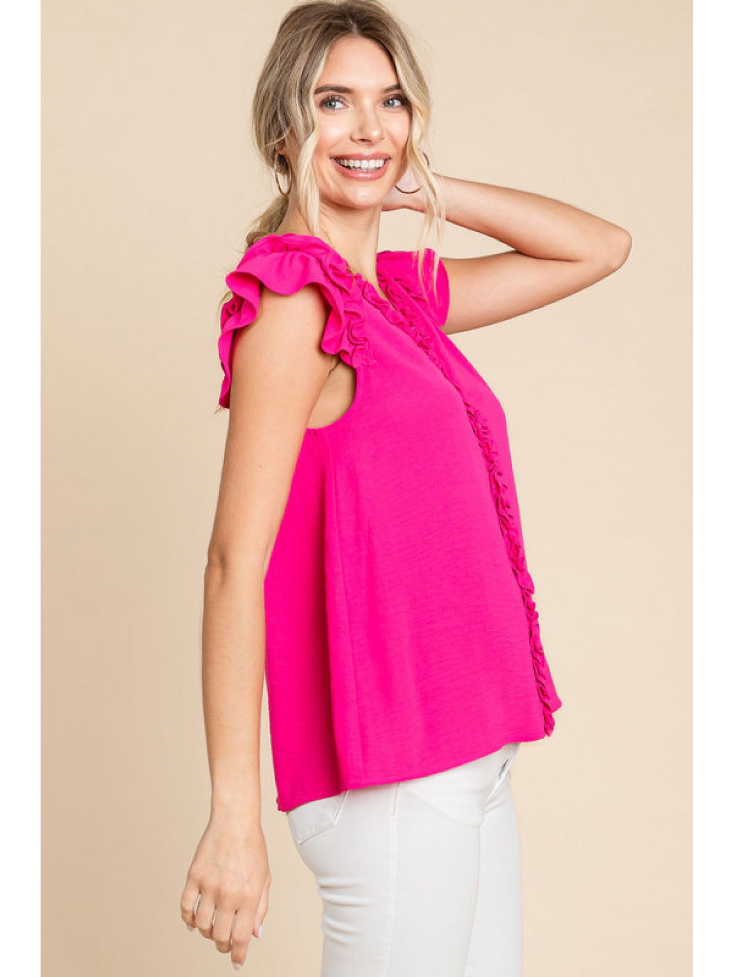Solid top with a V-neck featuring frill, and layer frilled cap sleeves.-Short Sleeve