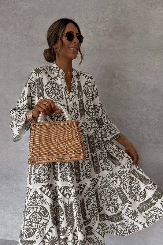 CASUAL PRINTED THREE-QUARTER SLEEVE SHIRT DRESS