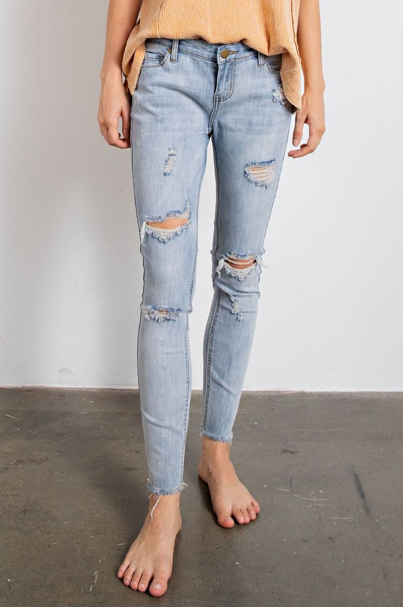 EASEL LOW-RISE SLIM LEG SILHOUETTE FEATURED DISTRESSED STRETCH DENIM PANTS/JEANS