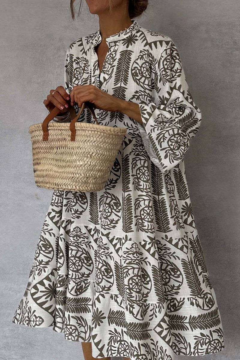 CASUAL PRINTED THREE-QUARTER SLEEVE SHIRT DRESS