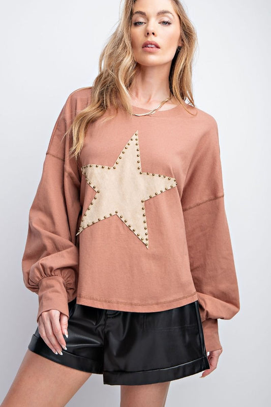 Easel Studded Patch Star Long Sleeve Shirt