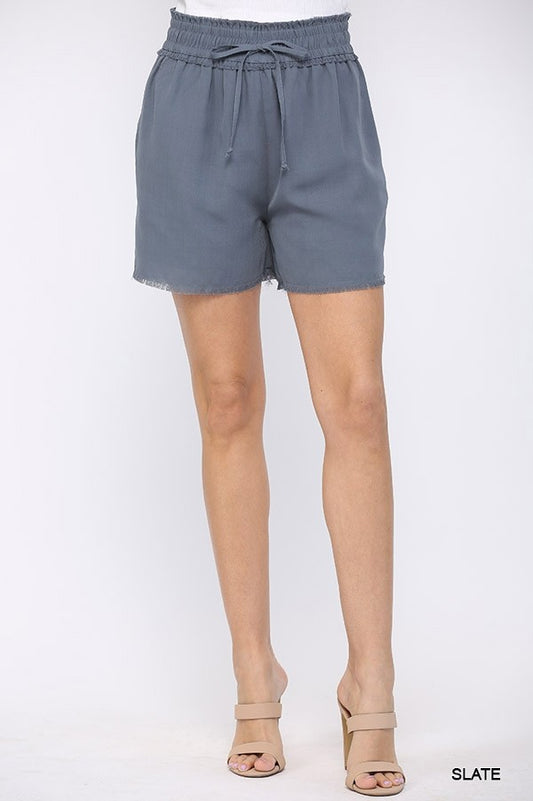 GIGIO Solid Textured Woven and Frayed Detail Shorts with Side Pockets and Full Lining