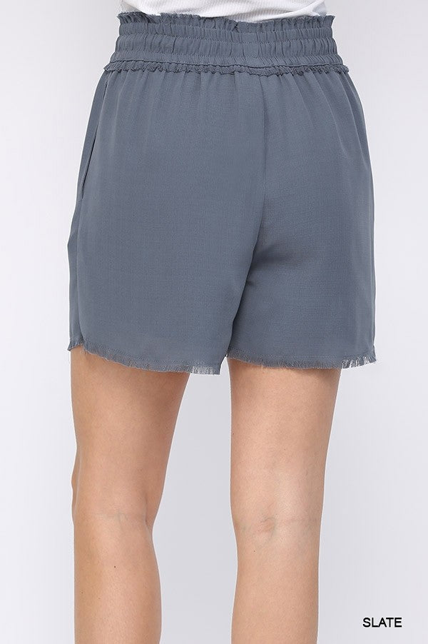GIGIO Solid Textured Woven and Frayed Detail Shorts with Side Pockets and Full Lining
