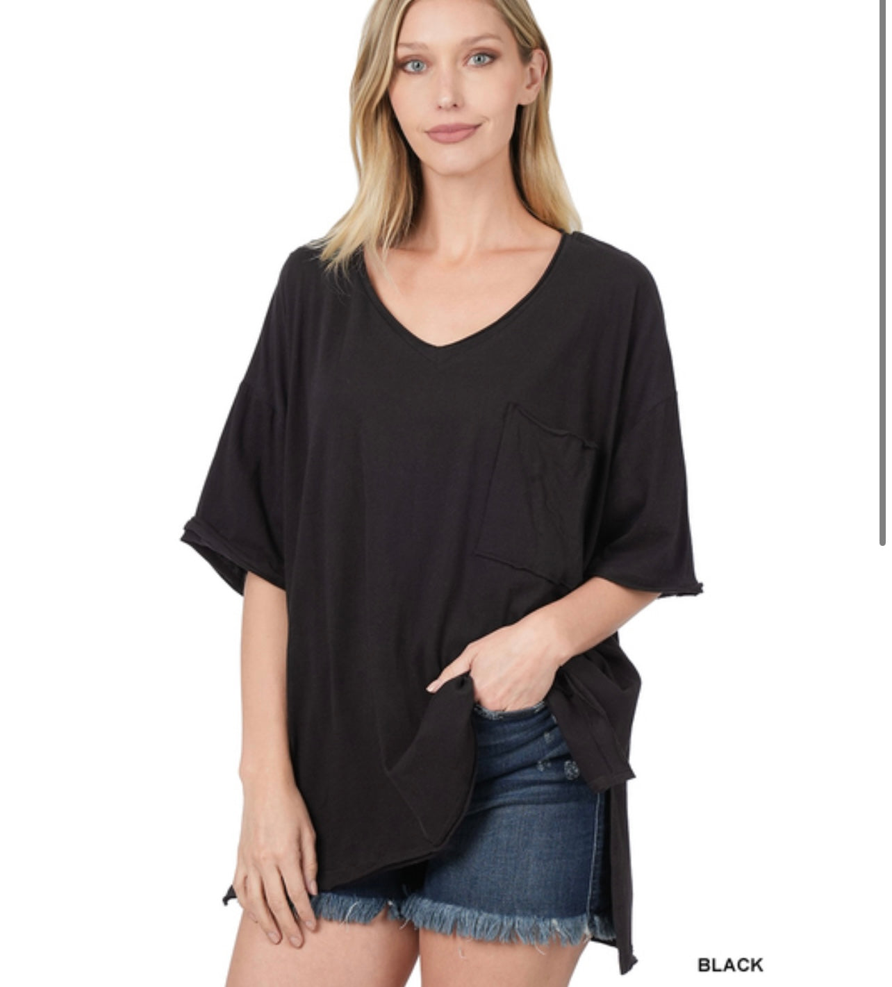 ZENANA OVERSIZED V-NECK FRONT POCKET RAW EDGE TOP SHORT SLEEVE ...